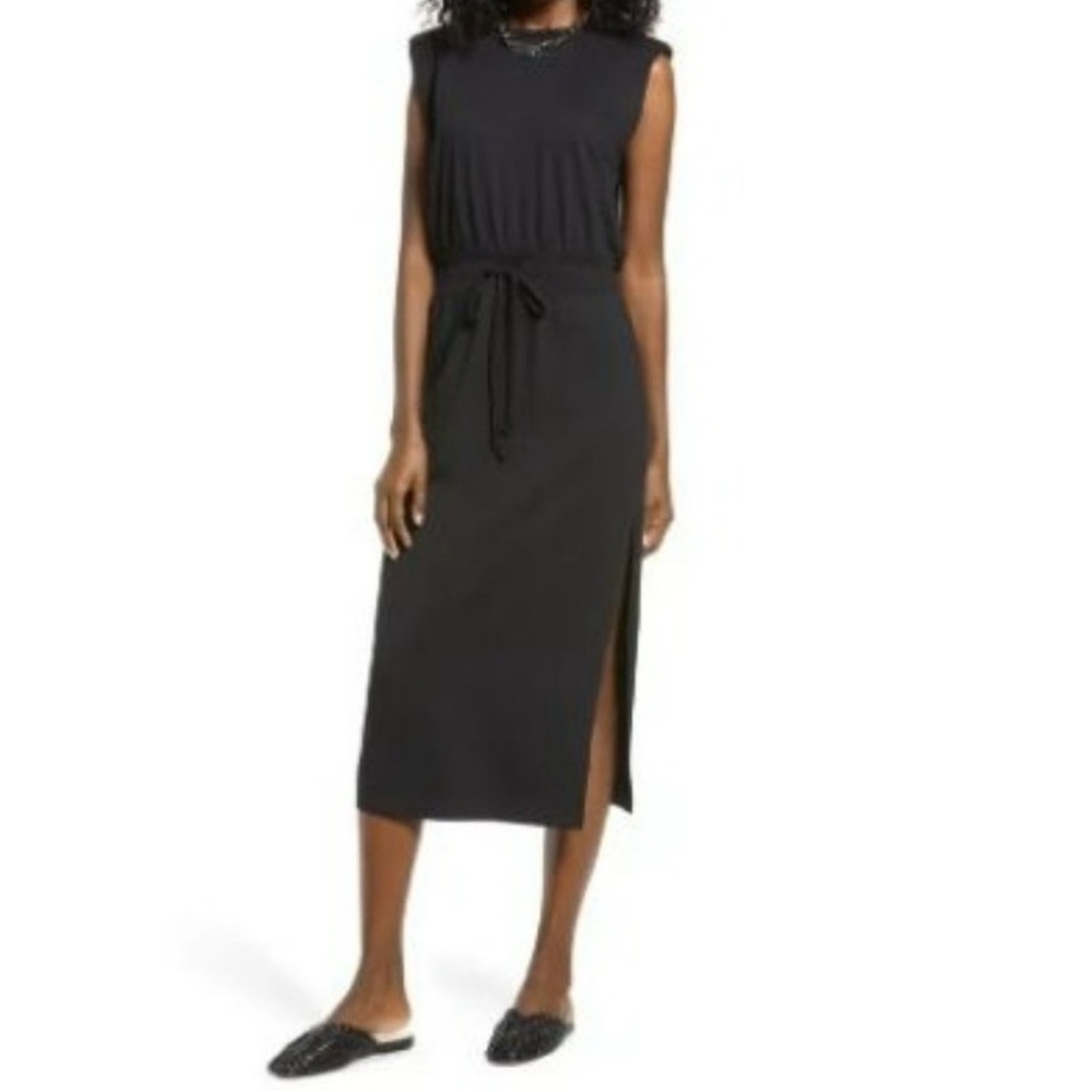Open Edit Black Sleeveless Midi Dress Shoulder Pads Side Slit